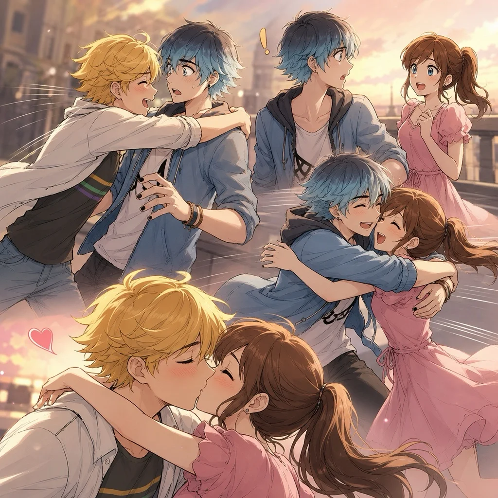 En färgstark animeillustration av flera ungdomar som umgås romantiskt och lekfullt på en solbelyst terrass i varm rosa och gyllene kvällsstämning.