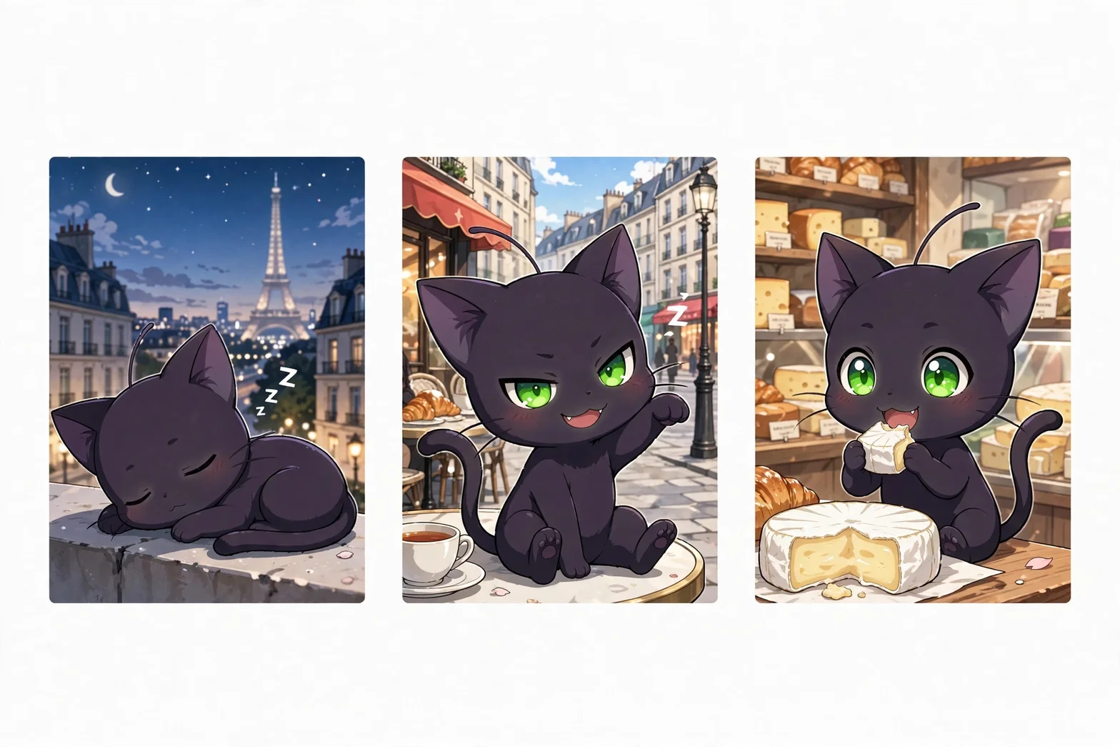 Tre illustrerade scener med en söt svart katt med gröna ögon i Paris: sömn under Eiffeltornet på natten, på en gata med kaffe, och som äter ost i ett bageri.