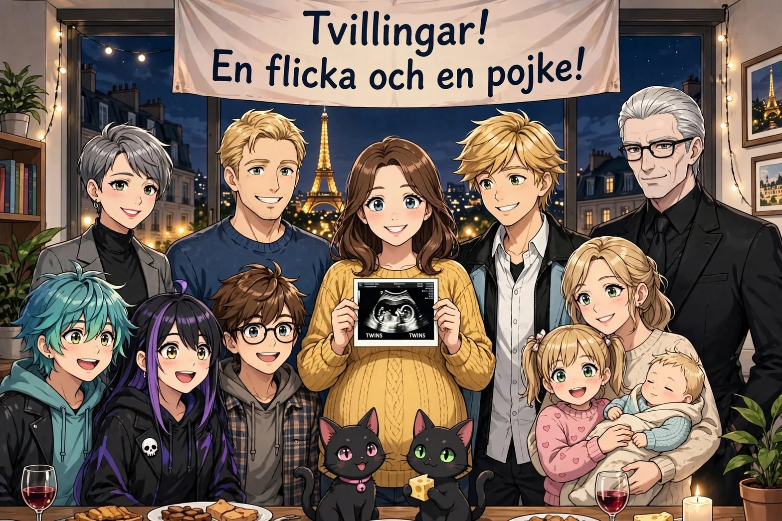 Festbild med familj och vänner i Paris som firar tvillingarna Alva och Hugo med ett ultraljudsfoto, barn, katter och utsikt mot Eiffeltornet.