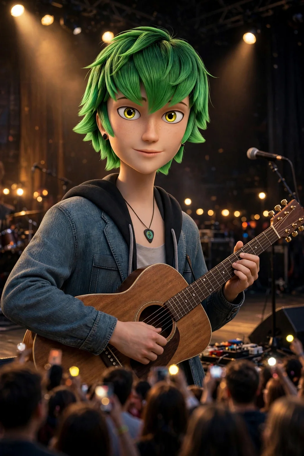 Lukas Couffaine med grönt hår spelar akustisk gitarr på en belyst scen framför en publik.