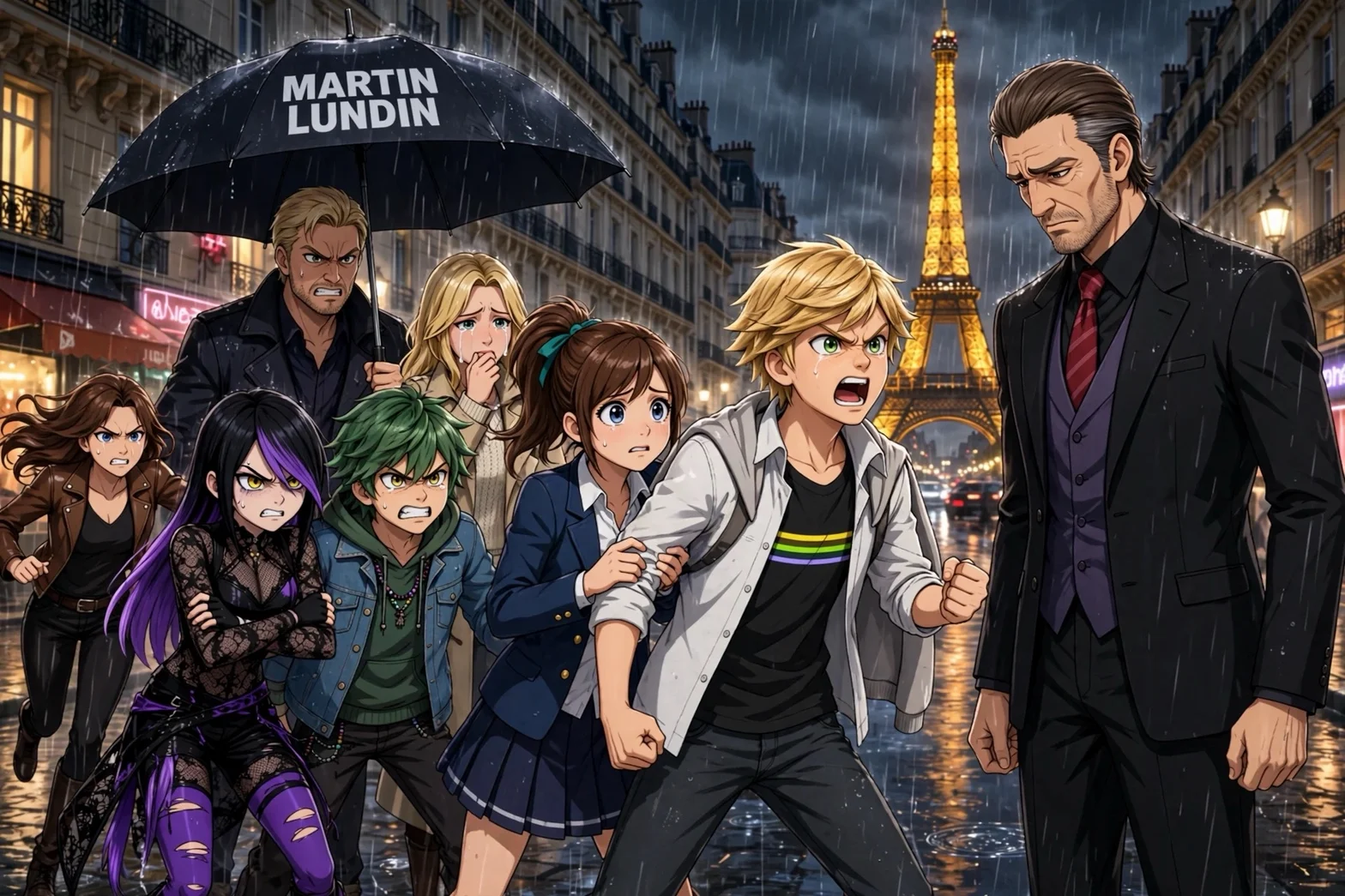 Illustrerad dramatisk scen med en grupp animeinspirerade karaktärer som konfronterar varandra på en regnig gata i Paris, med Eiffeltornet i bakgrunden och en svart paraplyskylt med texten MARTIN LUNDIN.