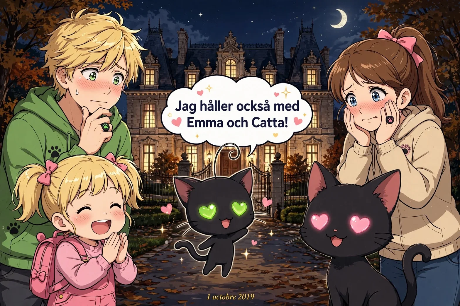 Barn och katter vid slottet i Paris under en stämningsfull kväll.