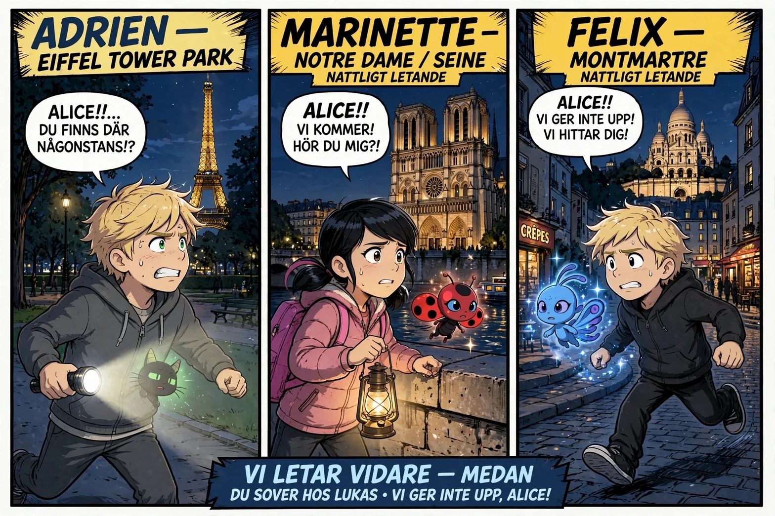 En tecknad serie om tre barn som söker efter sin vän Alice i Paris, med scener från Eiffeltornet, Notre-Dame och Sacré-Cœur.
