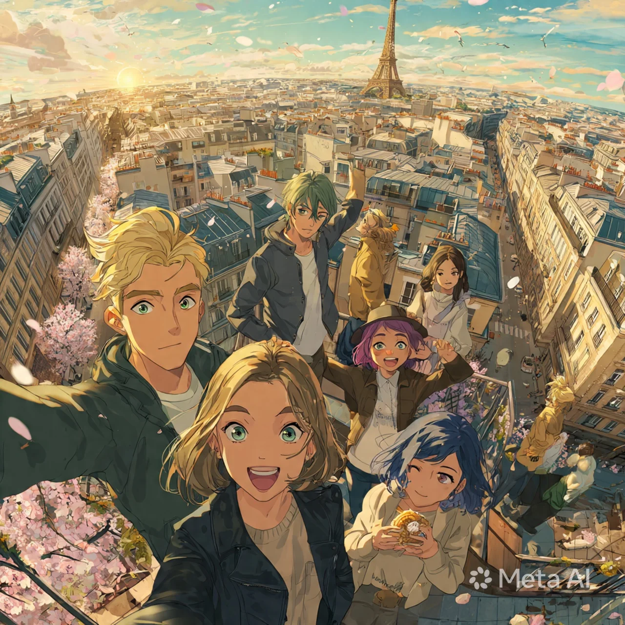 En animerad gruppbild av karaktärer som poserar framför Eiffeltornet i Paris, omgivna av blommande körsbärsträd i solsken.