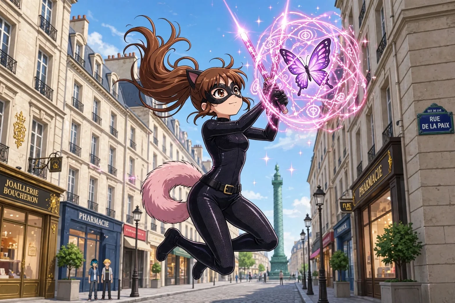 En illustrerad anime-inspirerad superhjältinna i svart dräkt hoppar genom en parisisk stadsgata och håller upp en magisk rosa trollstavssymbol med en fjäril på Rue de la Paix.