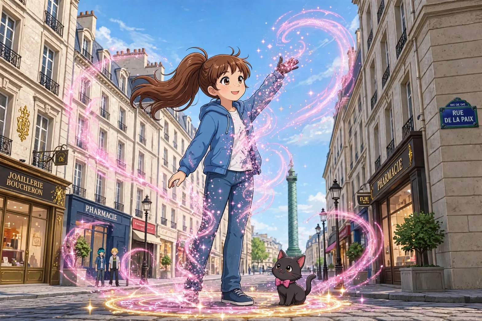 En illustrerad fantasiscen i Paris där en ung flicka står tillsammans med en svart katt omgiven av rosa gnistrande magi nära Rue de la Paix och Colonne de Juillet.