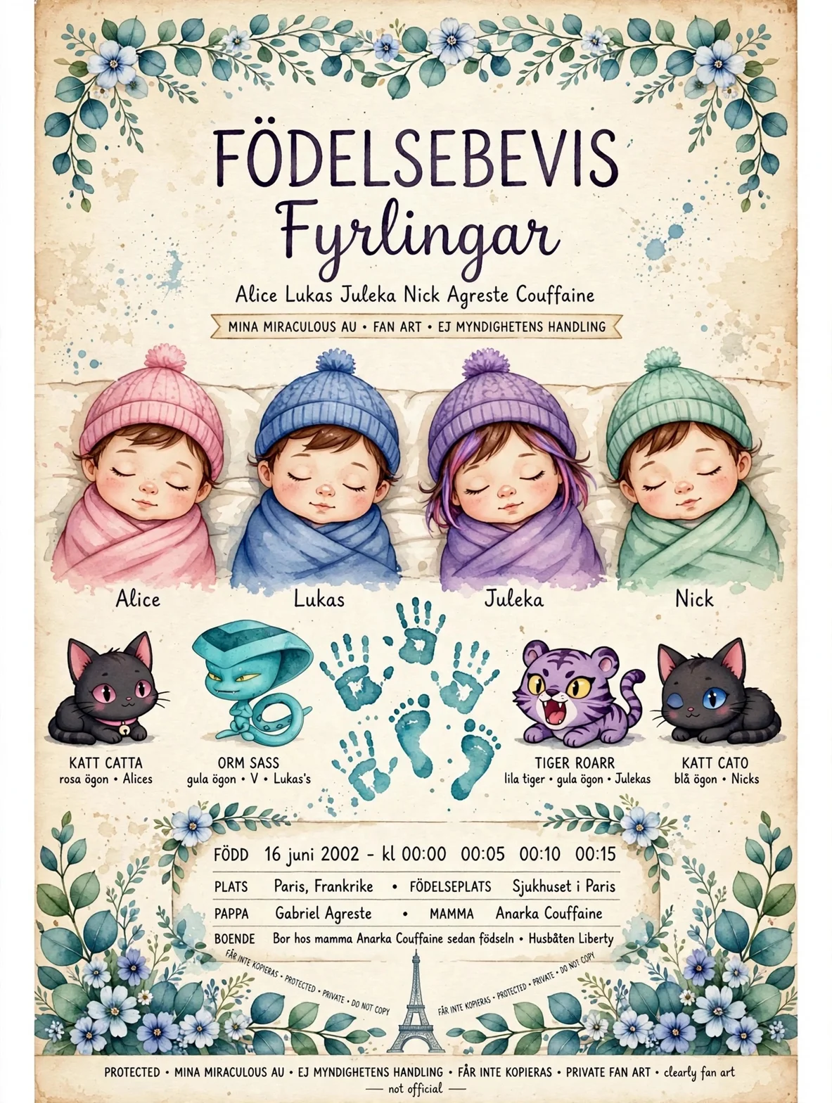 Födelsebevis Fyrlingar för Alice, Lukas, Juleka och Nick Agreste Couffaine i Mina Miraculous AU, med de fyra spädbarnen och deras följeslagare Catta, Sass, Roarr och Cato, hand- och fotavtryck samt födelsedata från sjukhuset i Paris den 16 juni 2002.