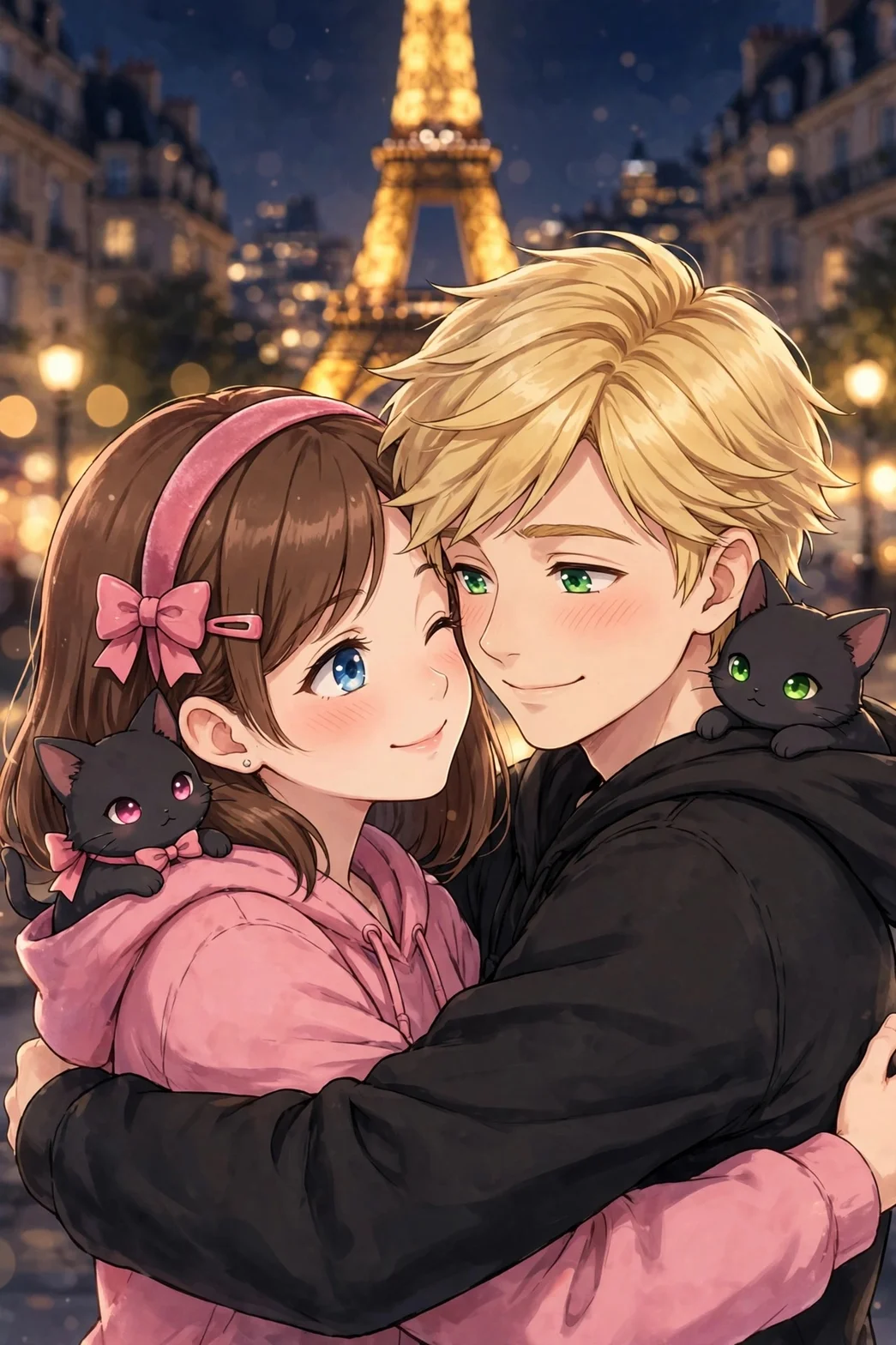 Alice och Adrien kramar varandra framför det lysande Eiffeltornet i Paris på kvällen, med Catta och Plagg mellan dem.