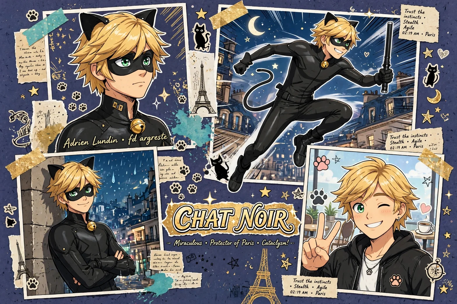 En illustrerad collage av Chat Noir i olika poser och miljöer i Paris, med dynamiska actionscener, porträtt och dekorativa detaljer som stjärnor och pärlor mot en mörkblå bakgrund.