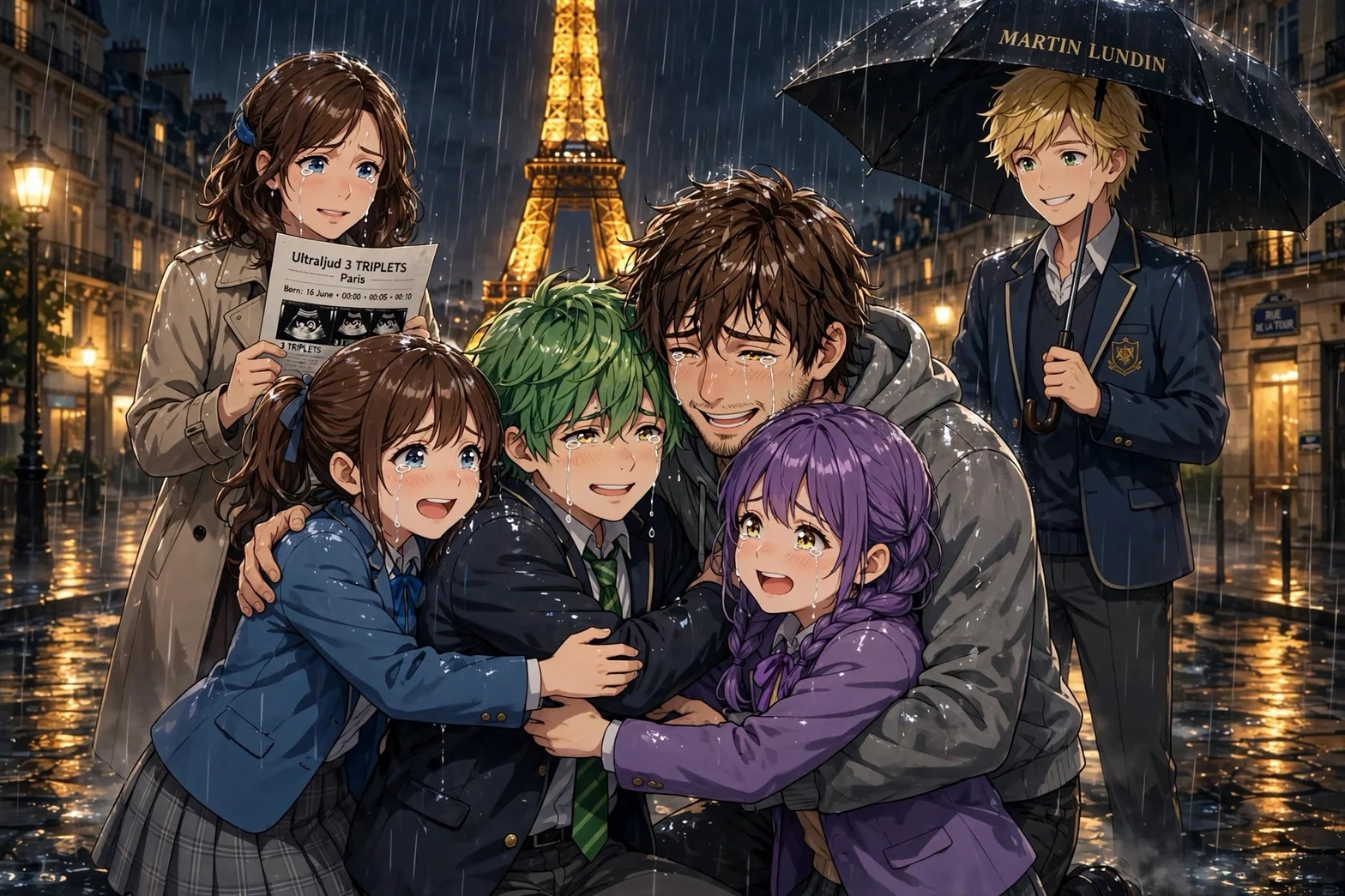 En animeillustration av en känslosam grupp på en regnig parisisk gata framför Eiffeltornet. Personerna håller om varandra, medan en kvinna håller upp ett ultraljud med texten Ultraljud 3 tripletter – Paris.