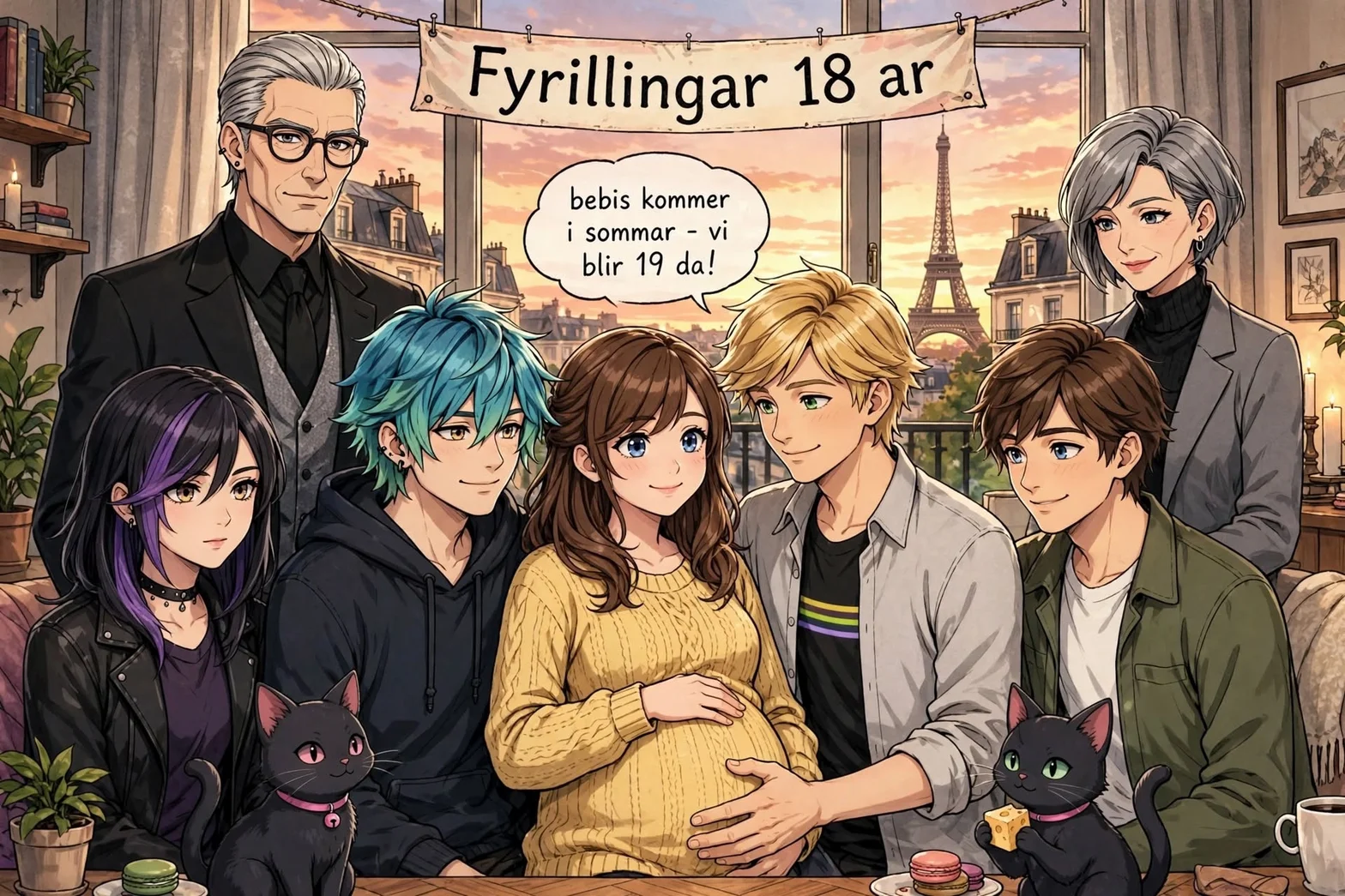 Familj och vänner samlade i Paris under en 18-årsfest med banderollen Fyrlingar 18 år och Eiffeltornet i bakgrunden, där Alice berättar för sin familj att hon väntar barn.