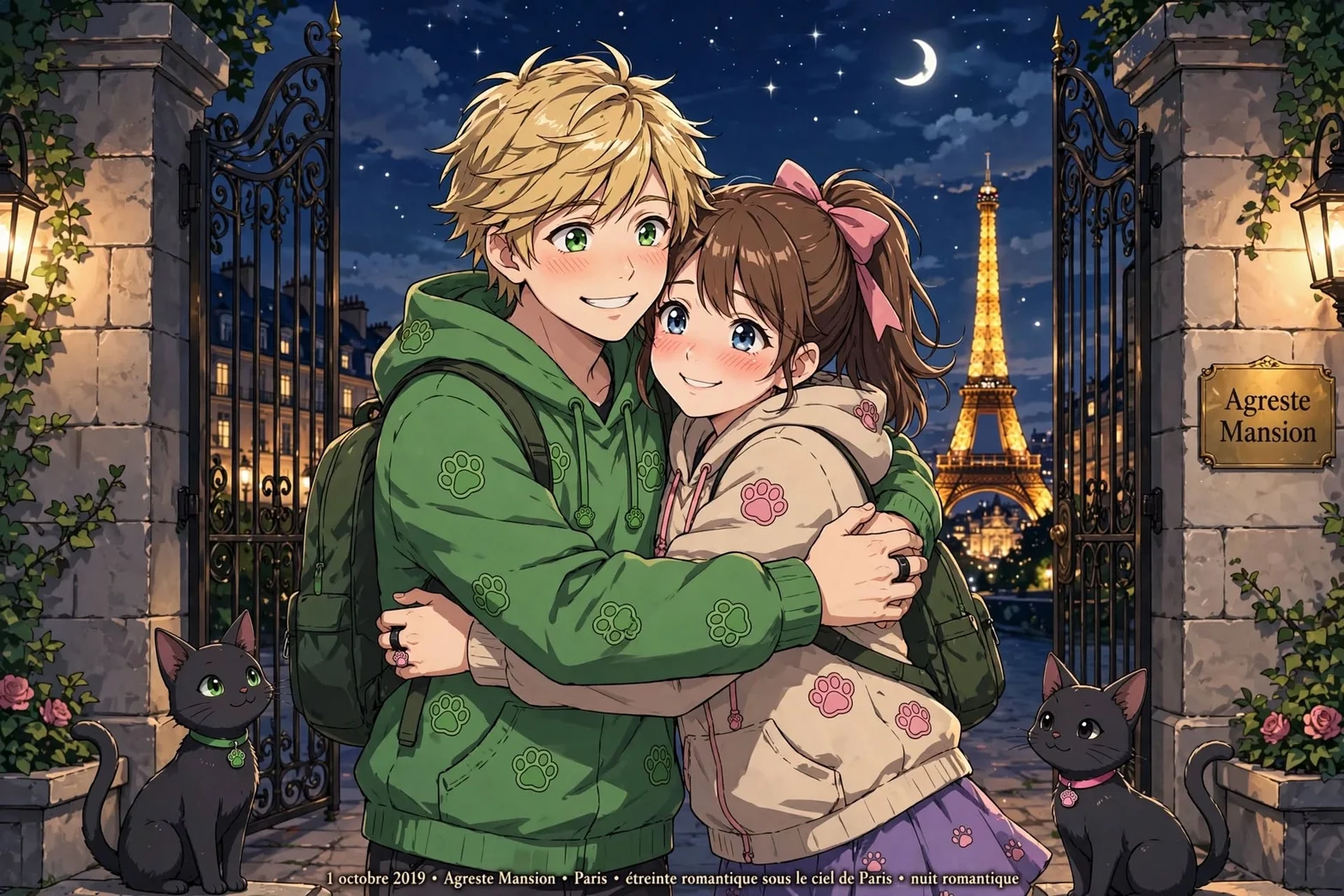 Romantiskt par i Paris under en stjärnklar kväll.