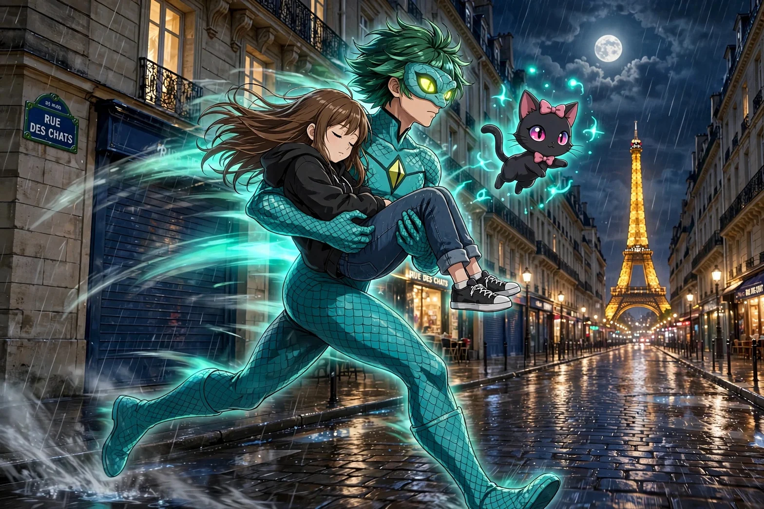 En superhjälte med grönt hår och turkos mask springer genom Paris i regnet med en flicka i famnen, en svart katt vid sin sida och Eiffeltornet lysande i bakgrunden.