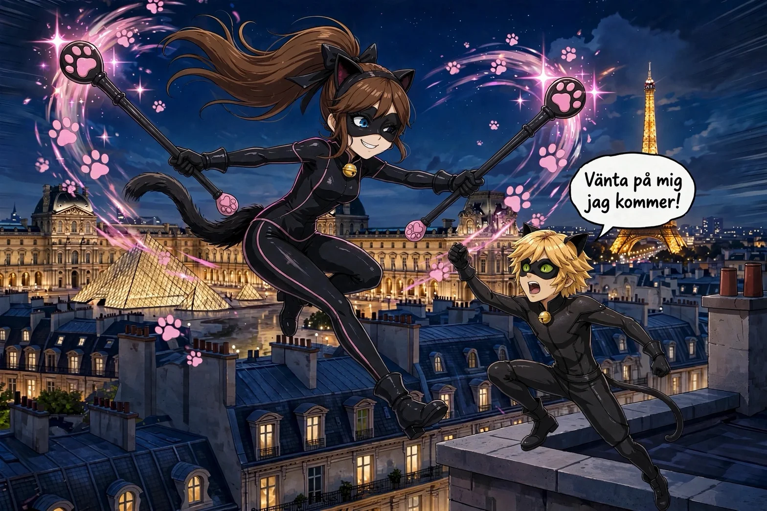 Illustrerad actionbild med två maskerade, kattinspirerade superhjältar som svingar sig över Paris takåsar med Eiffeltornet och Louvren i natten.