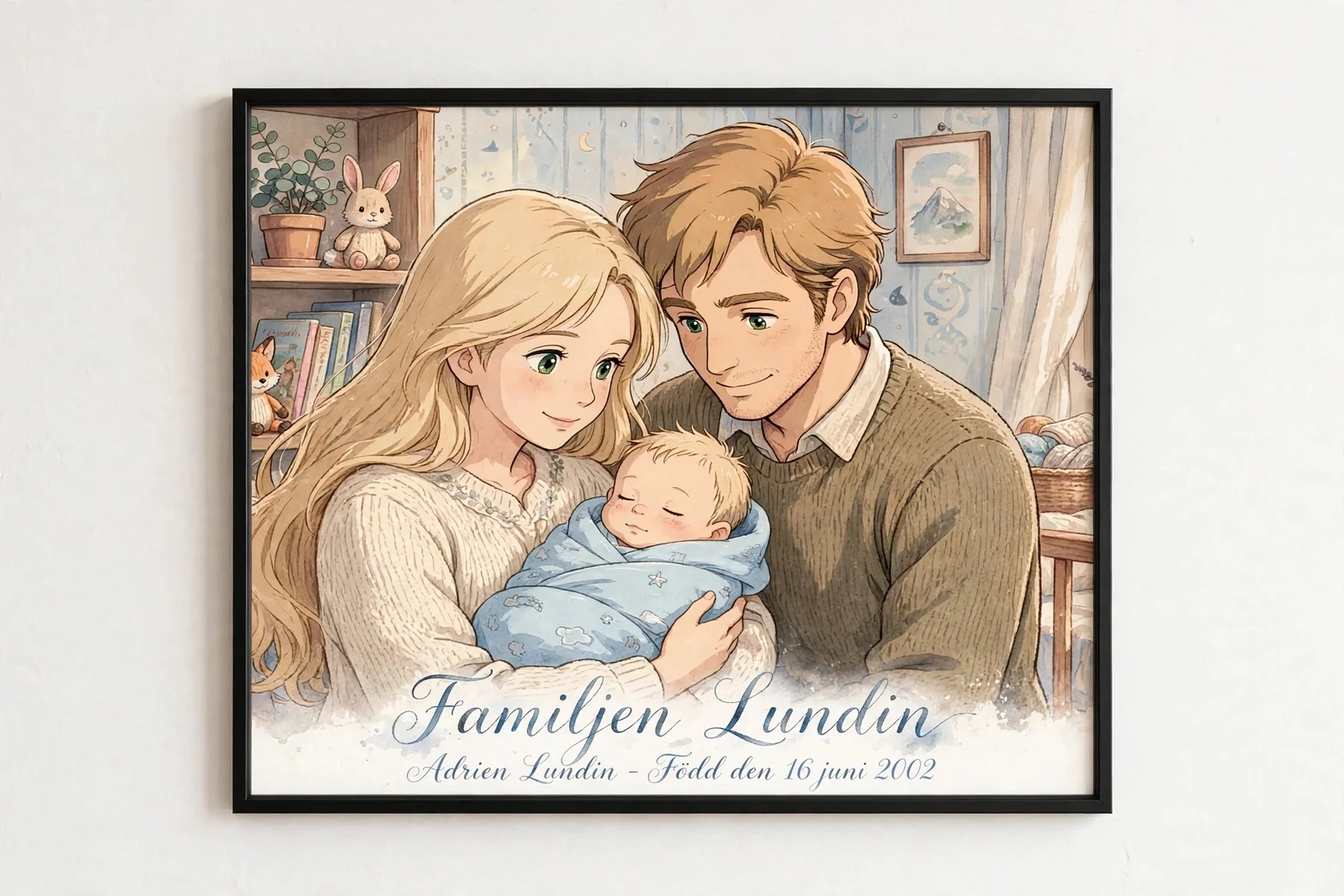 Ett varmt familjeporträtt av två föräldrar och deras nyfödda barn i ett mysigt sovrum.
