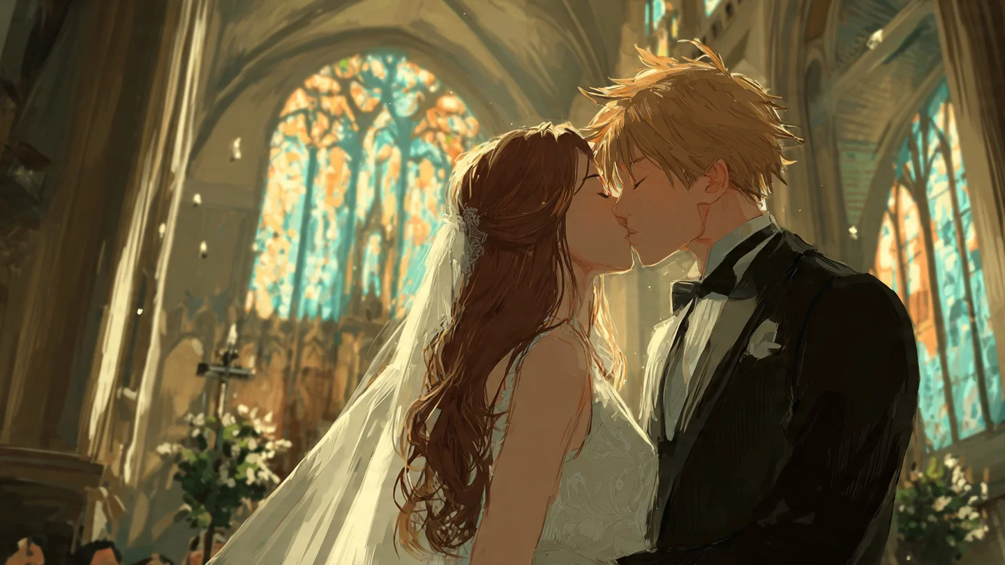 Adrien och Alice kysser varandra vid altaret i kyrkan, med solljus som strömmar in genom de färgglada fönstren.