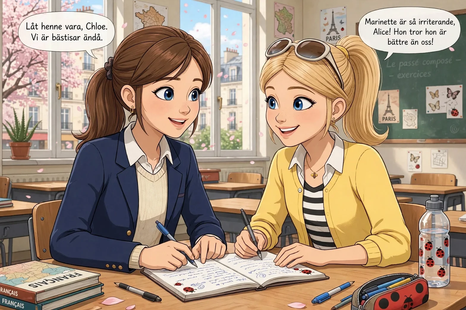 Illustrerad scen i ett franskt klassrum där Alice och Chloe sitter tillsammans och arbetar i en skrivbok som bra klasskamrater.