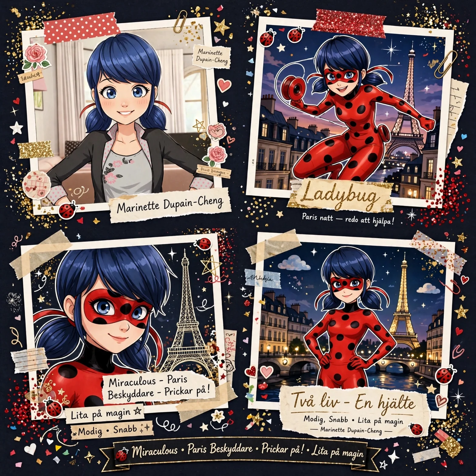 En collage av fyra illustrerade porträtt av Marinette Dupain-Cheng och hennes Ladybug-alter ego, dekorerade med Paris-teman, glitter och rosor mot en mörkblå bakgrund.