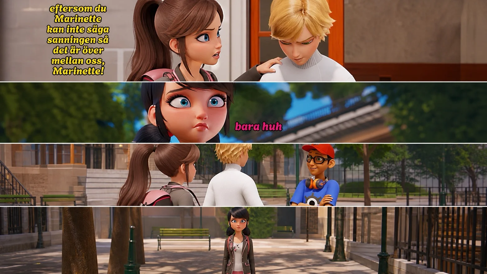 En skärmdump från animationsserien Miraculous Ladybug som visar flera scener med karaktärerna Marinette och hennes vänner i olika situationer.