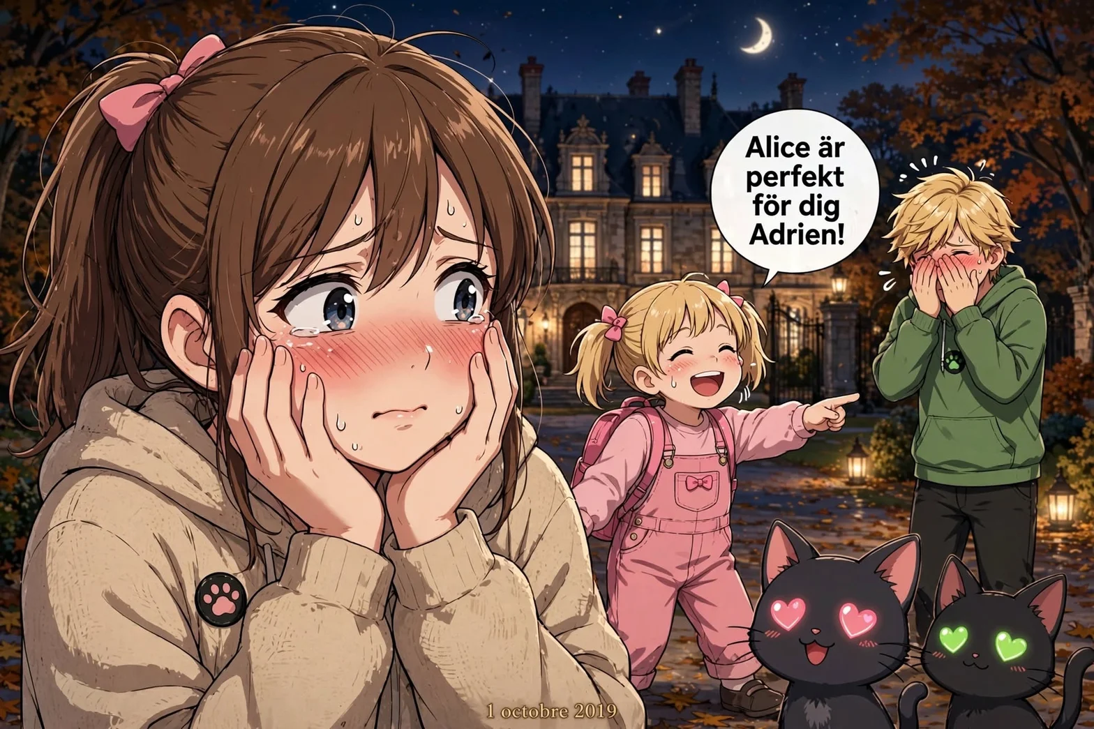 Alice rodnar generat med händerna mot kinderna i förgrunden medan Emma i bakgrunden pekar och ropar 'Alice är perfekt för dig Adrien!' och katter tittar på med hjärtögon.