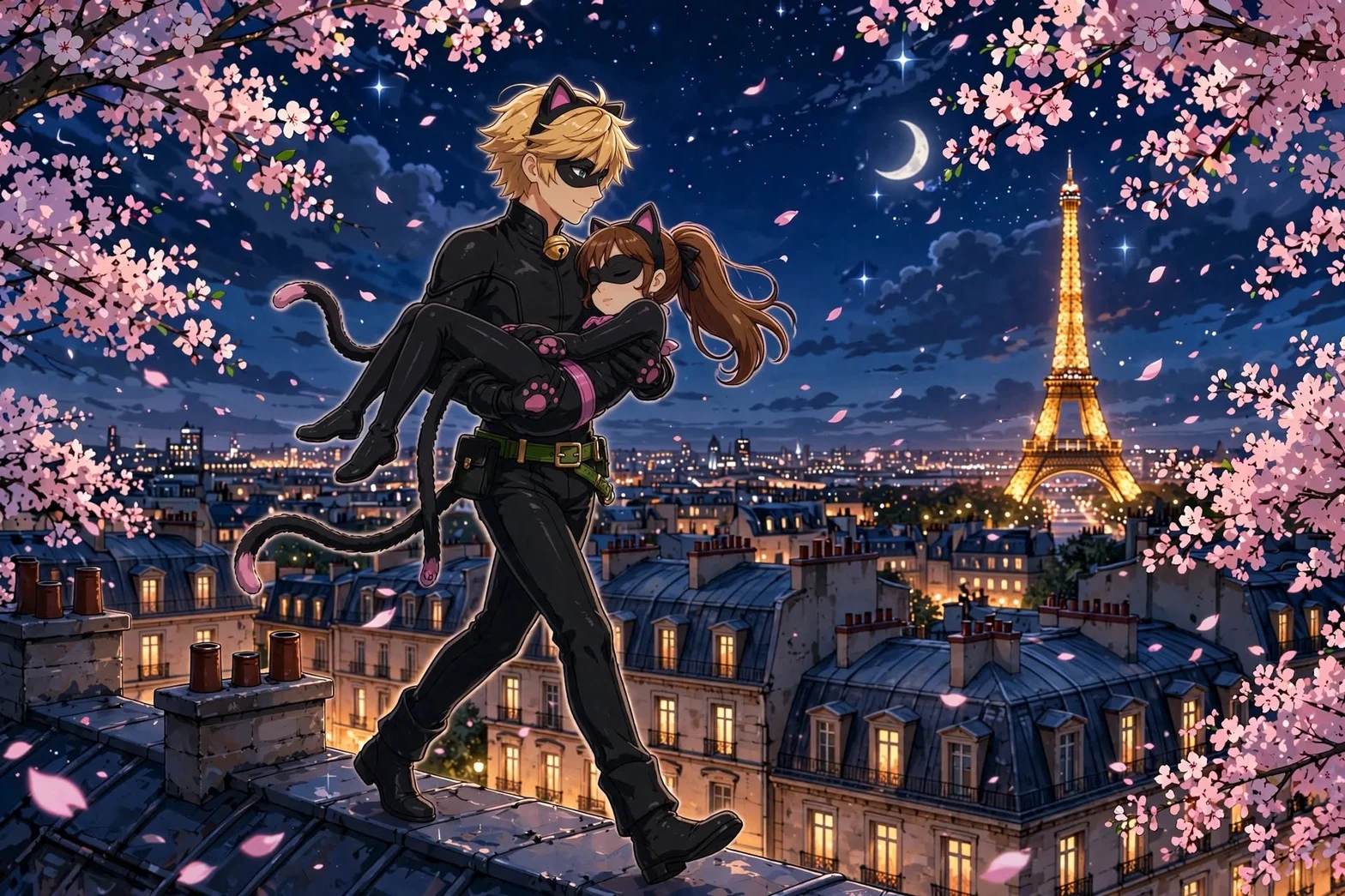 Illustrerad nattvy över Paris med Eiffeltornet, körsbärsblommor och två kattinspirerade figurer på ett tak.