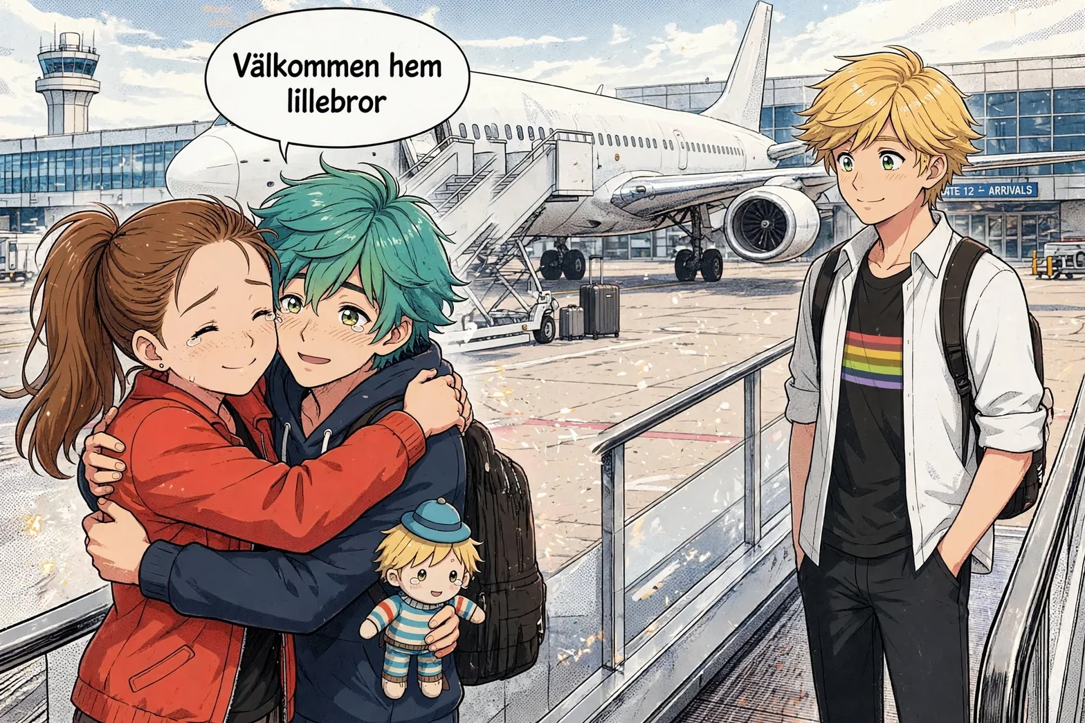 En illustrerad avskeds- och återföreningsscen på en flygplats där två personer kramar varandra medan en annan person står bredvid med en ryggsäck, med ett flygplan och texten Välkommen hem lillebror i bakgrunden.