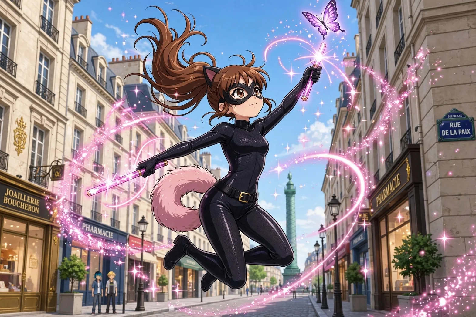 En illustrerad superhjälte med kattöron och rosa svans svävar över en parisisk gata med en magisk stav och rosa gnistor med Eiffeltornet i bakgrunden.