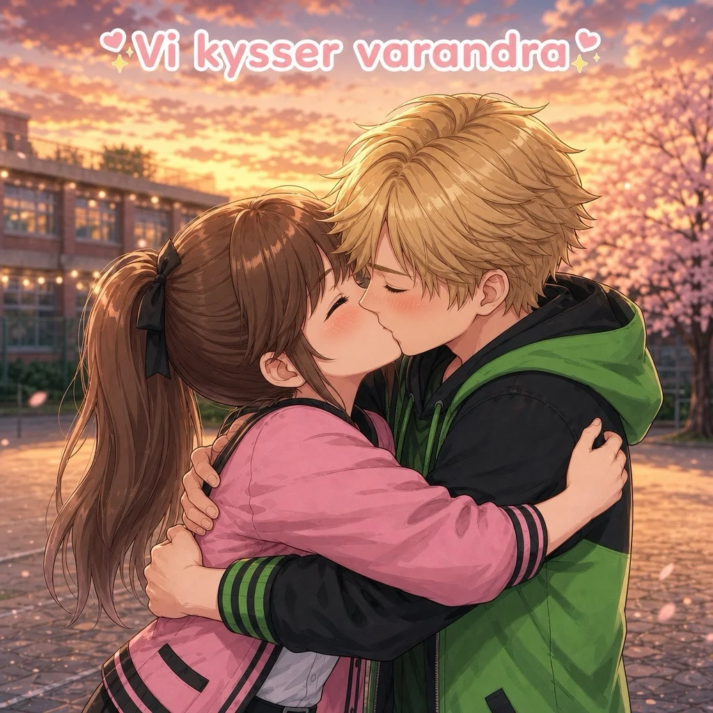 Adrien Lundin och Alice kysser varandra under en solnedgång med körsbärsblommor och Paris skyline i bakgrunden.