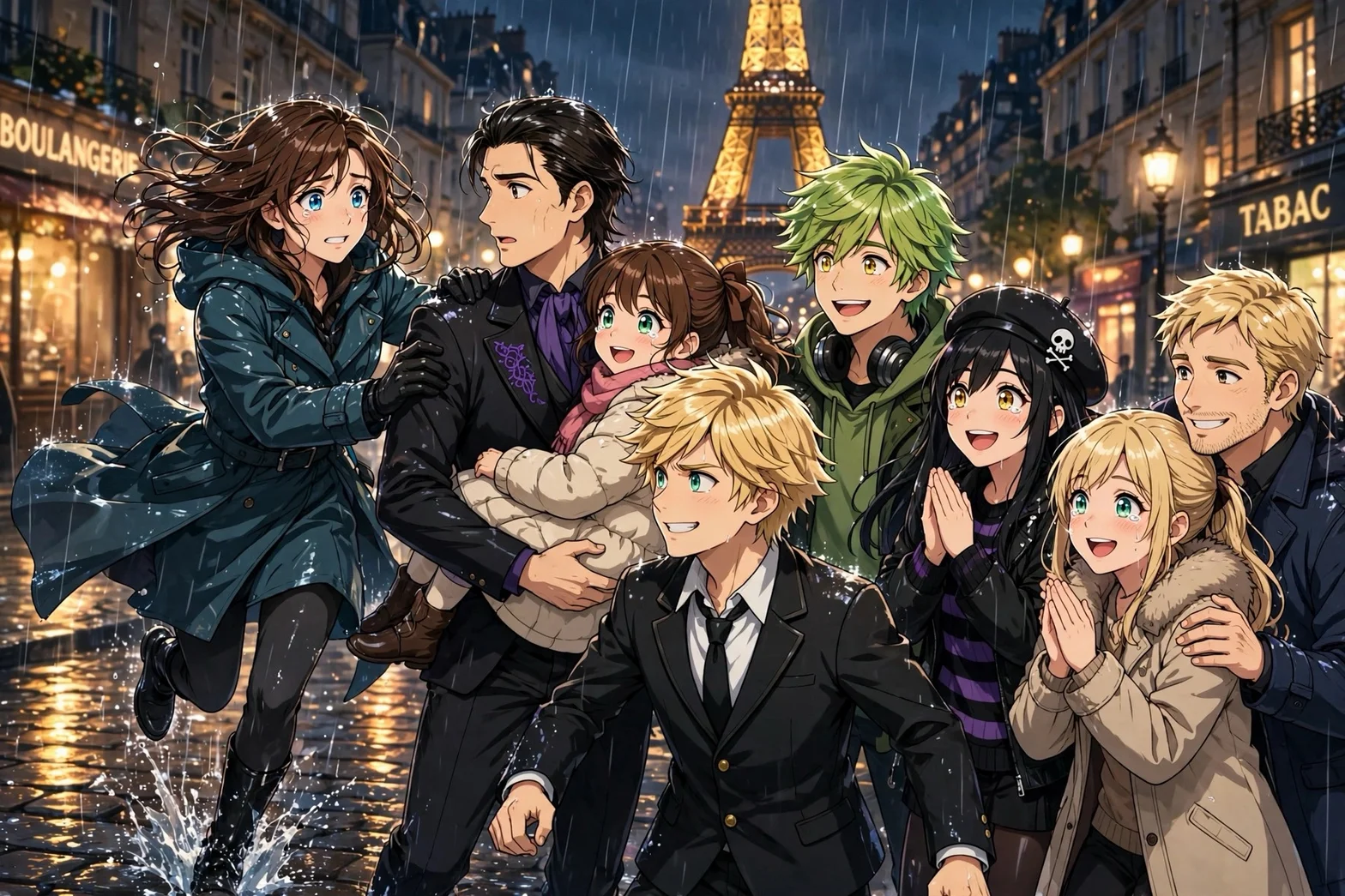 En färgstark animeillustration av en grupp vänner som samlas på en regnig kvällsgata i Paris med Eiffeltornet och upplysta byggnader i bakgrunden.