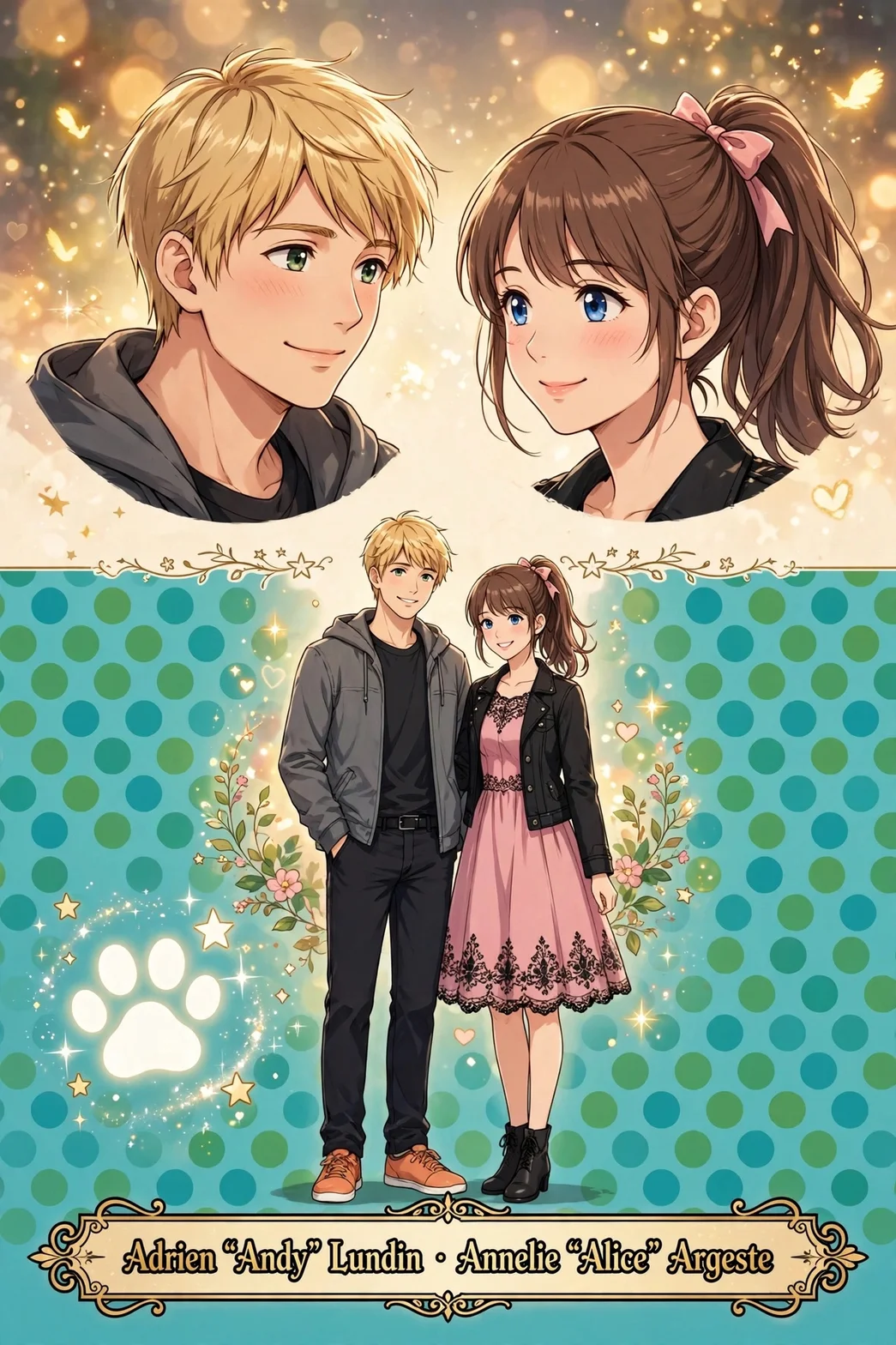 Ett animerat porträtt av Adrien Lundin, blond, och hans flickvän Alice Agreste, brunett med en rosa rosett, mot en gyllene, glittrande bakgrund med dekorativa ornament.