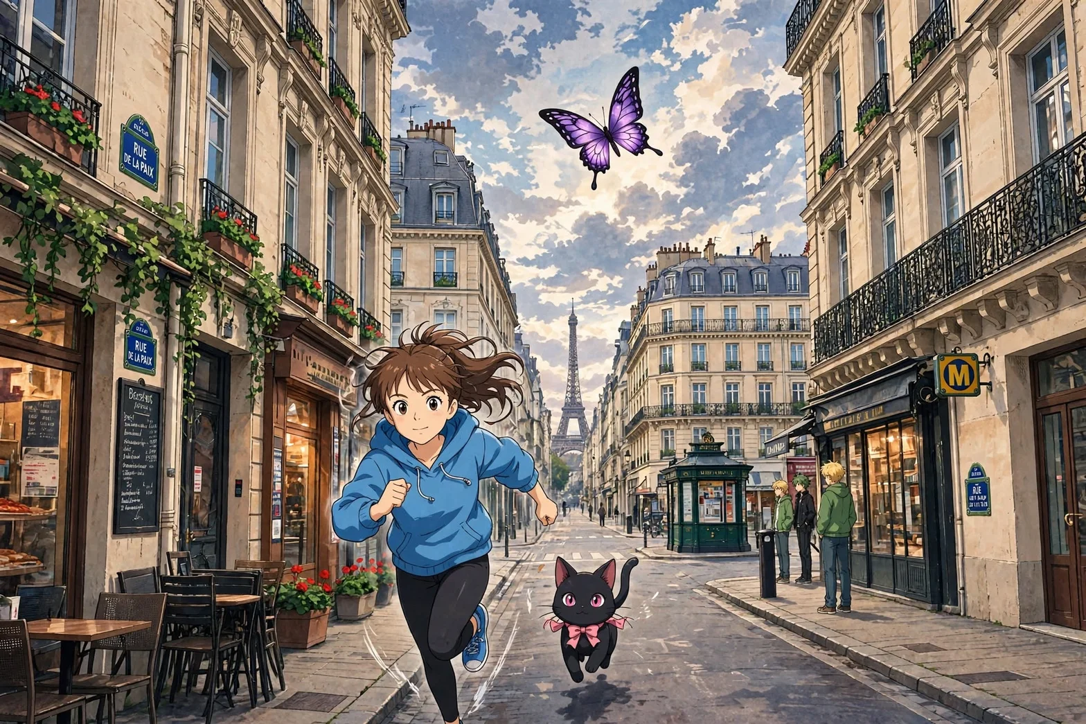Illustrerad parisisk stadsgata med kaféer, klassiska byggnader, Eiffeltornet i bakgrunden samt en springande flicka, en svart katt och en lila fjäril i förgrunden.