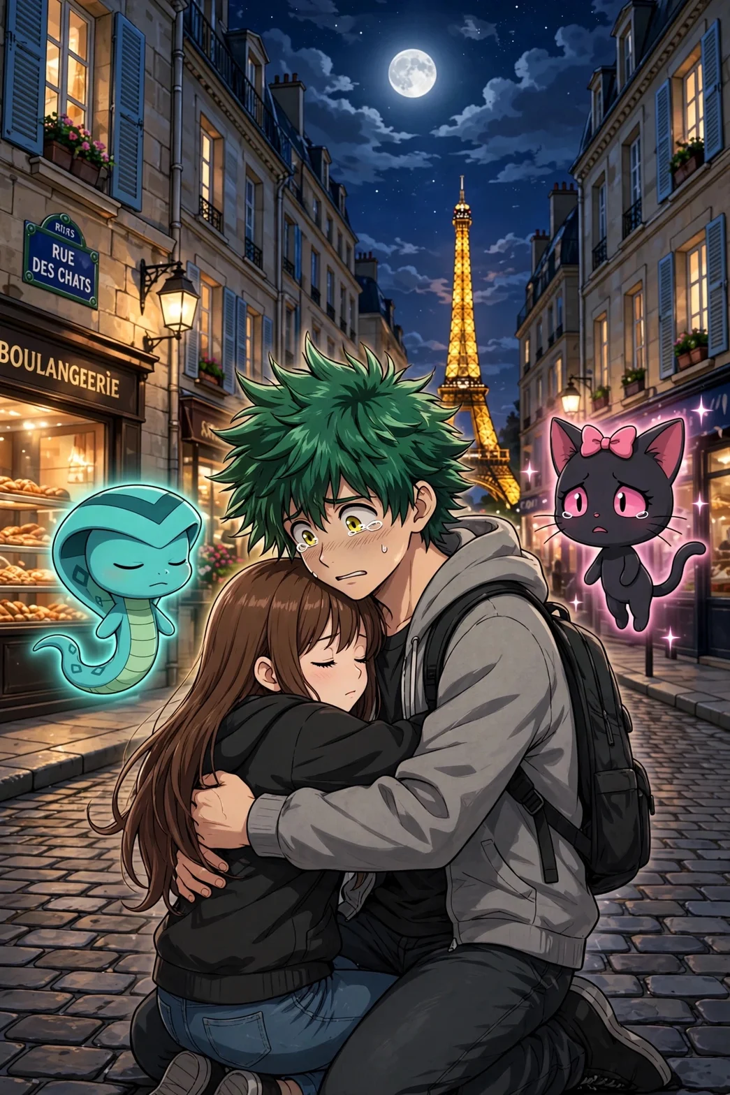 Lukas kramar sin chockade storasyster Alice på en parisisk gata under månsken, med Eiffeltornet i bakgrunden och magiska varelser svävande omkring dem.