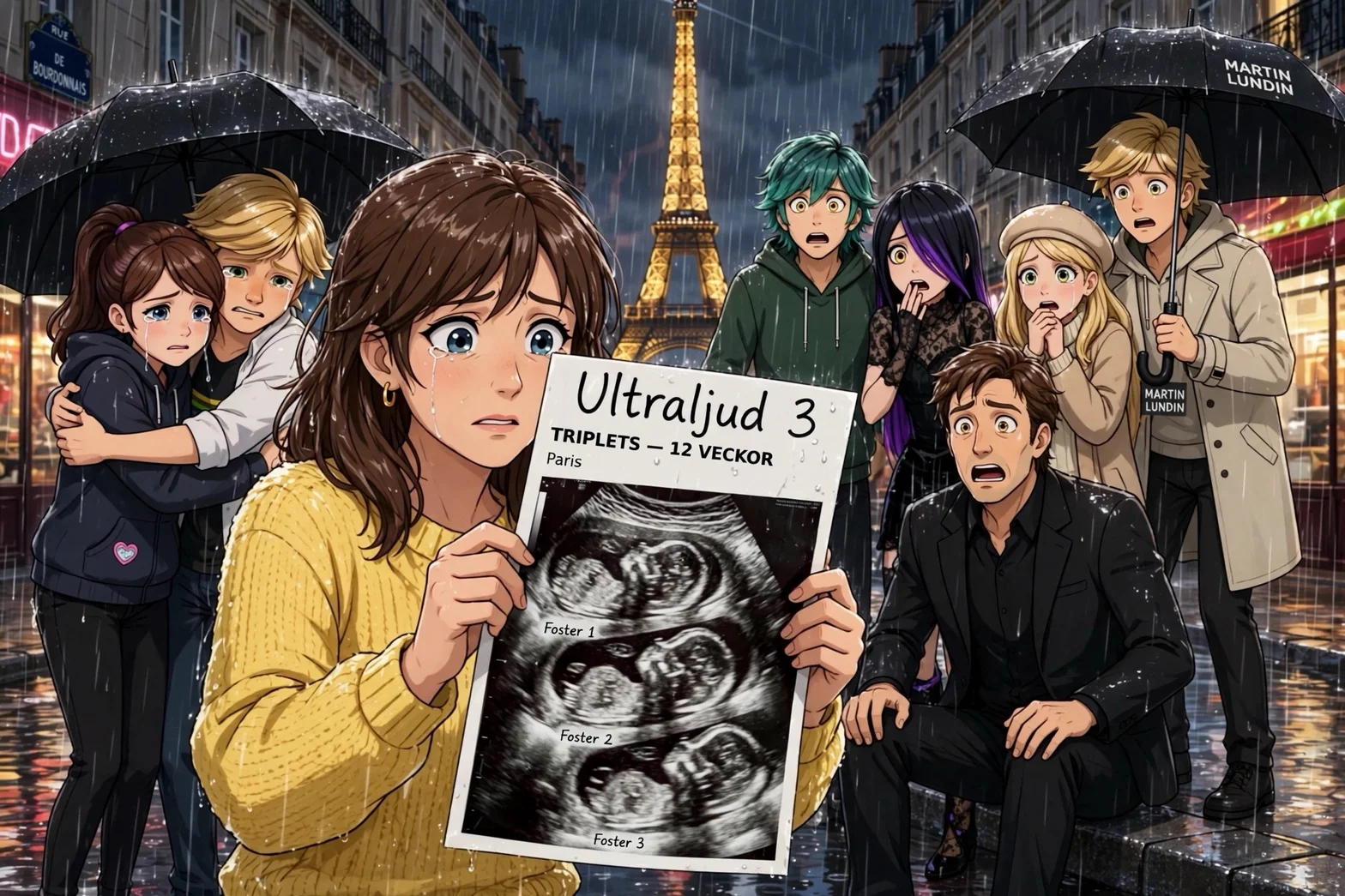 En dramatiserad, anime-inspirerad scen i Paris under regn, där flera upprörda personer samlas kring en gravid kvinna som håller upp en ultraljudsbild med texten Ultraljud 3 – tripletter, med Eiffeltornet i bakgrunden.