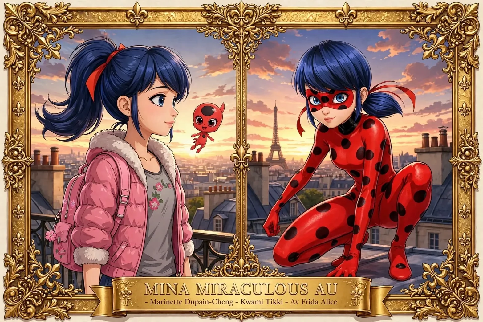 Illustrerad affisch med Marinette och Ladybug tillsammans med kwamin Tikki i guldram framför solnedgången i Paris.