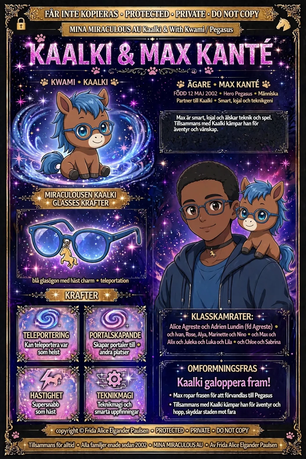 Illustrerad karaktärsaffisch för Kaalki och Max Kanté med hjälten Pegasus, glasögonen och teleporteringskrafter i Mina Miraculous AU.