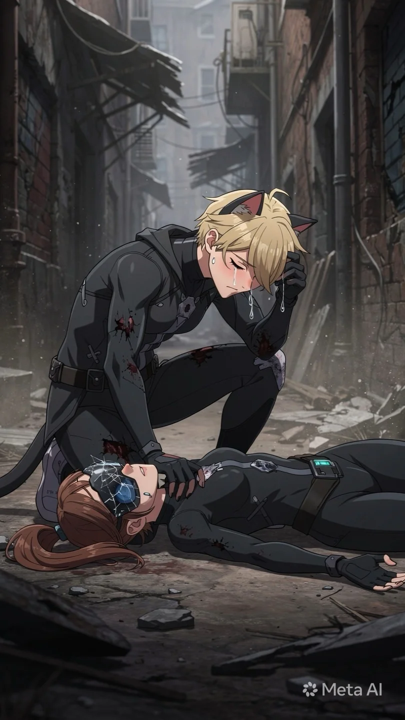 En dramatisk animeillustration av en skadad blond kattliknande person som knäböjer bredvid en medvetslös kvinna i ett förstört grändlandskap.