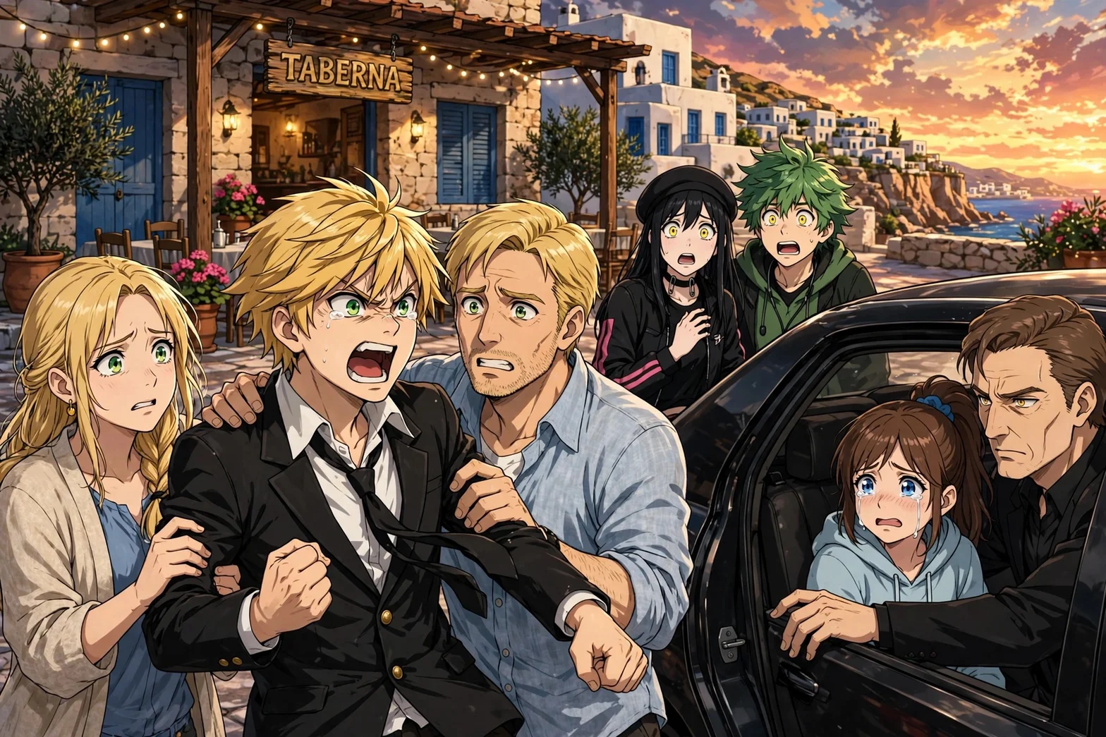 Dramatisk animeillustration med en upprörd och gråtande grupp människor som samlas kring en svart bil framför en grekisk taverna vid kusten i solnedgången, när Gabriel tvingar in Alice i bilen.