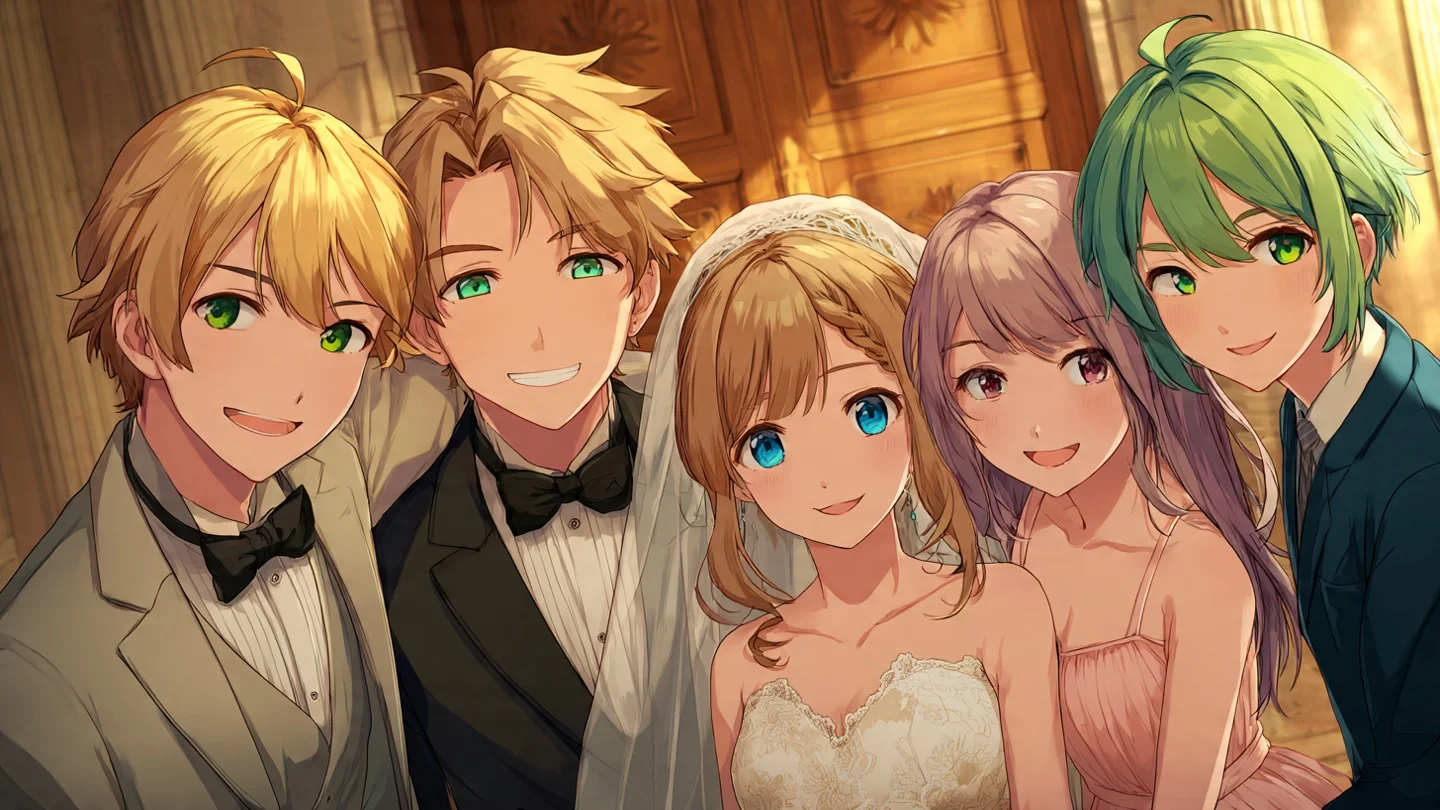 Ett gruppfoto av Adrien och Alice i bröllopsklädsel tillsammans med släkt och familj i en elegant interiör.