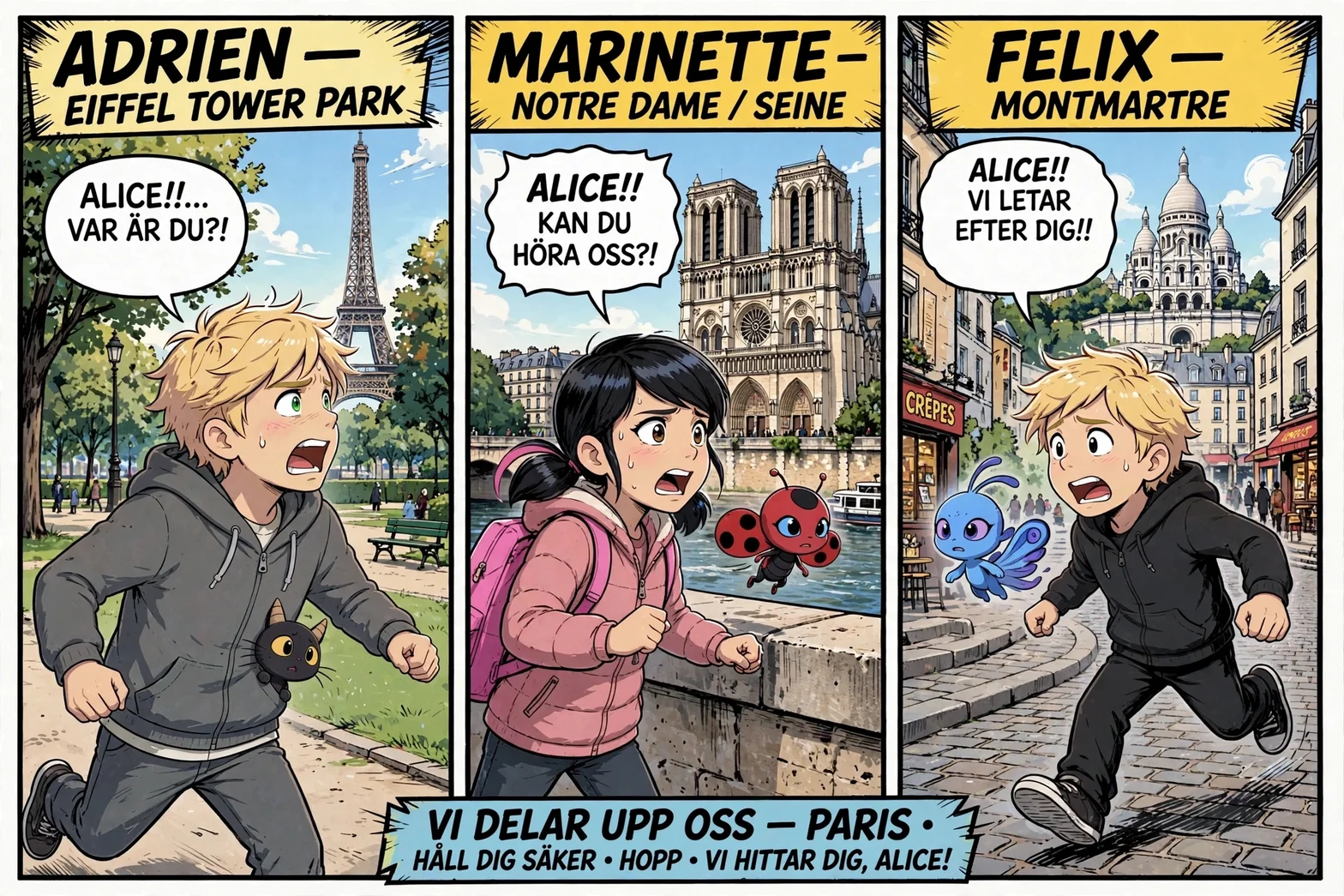 En tecknad berättelse om tre barn som söker efter sin vän Alice på olika platser i Paris, inklusive Eiffeltornet, Notre-Dame och Montmartre.