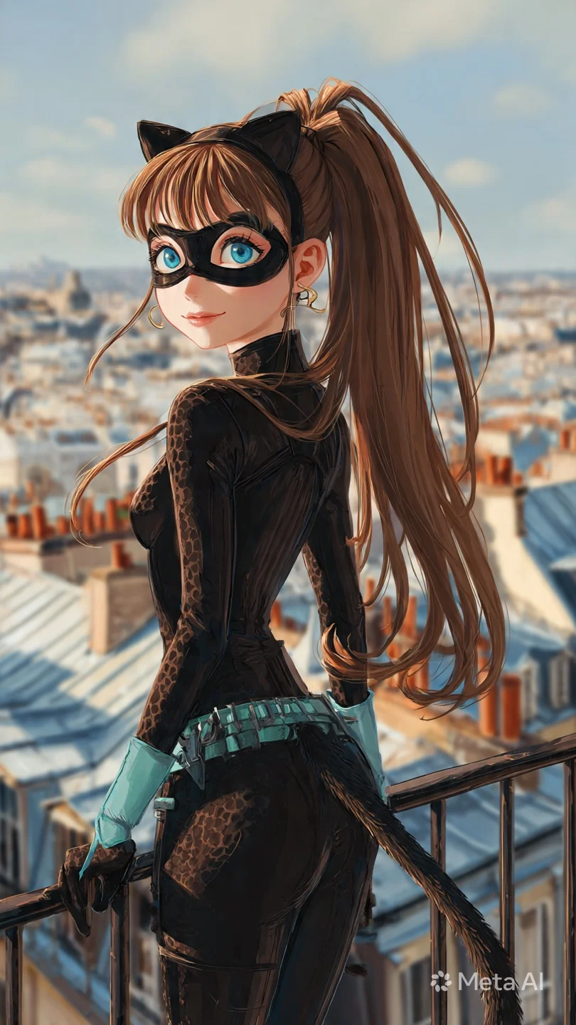 Alice i sin svarta Catty Lady-dräkt med kattöronmask, stående över Paris med blå ögon och långt brunt hår som fladdrar i vinden.