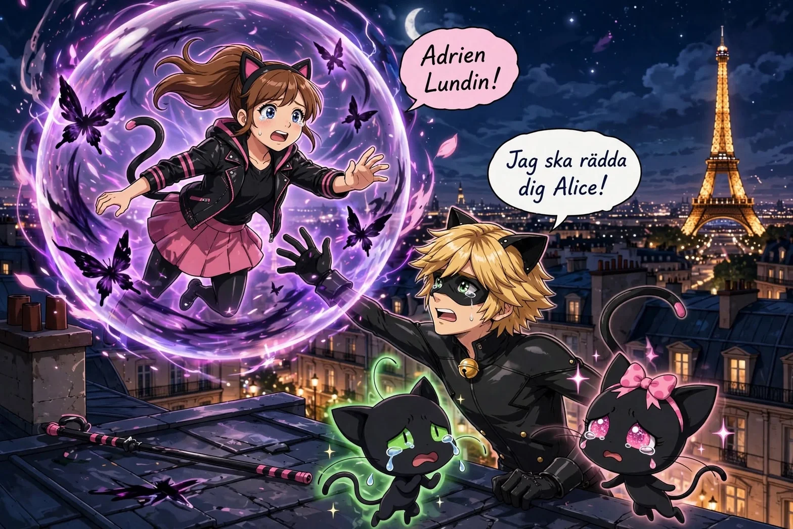 En dramatisk, illustrerad scen i anime- och seriestil över Paris om natten med Eiffeltornet, två maskerade hjältar och två gråtande kattfigurer på ett tak omgivna av lila magi.