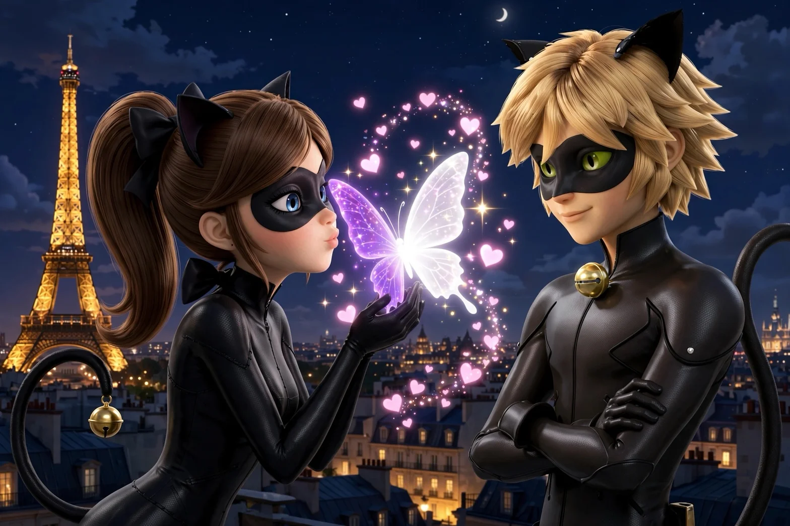 En romantisk, fantasifull illustration av två maskerade kattliknande superhjältar i svarta dräkter som möts framför Eiffeltornet i Paris på natten med en glödande fjäril och rosa hjärtan.