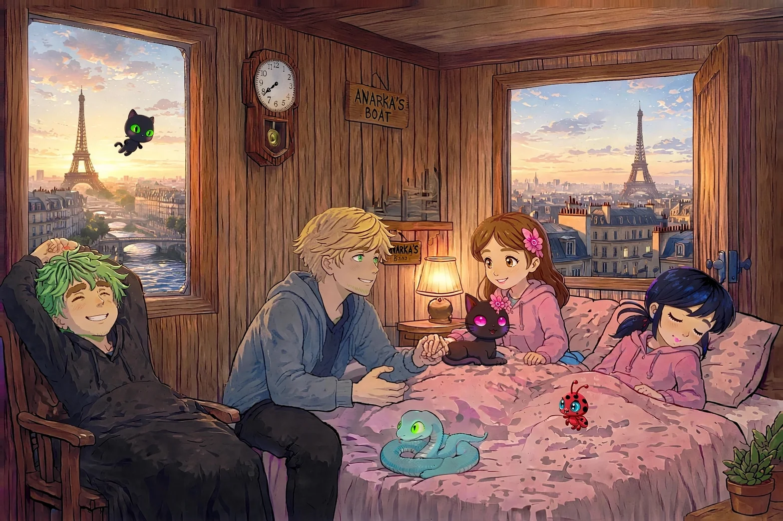Fyra personer och flera magiska varelser samlas i ett sovrum med utsikt över Paris och Eiffeltornet, dekorerat i trä med varma färger.