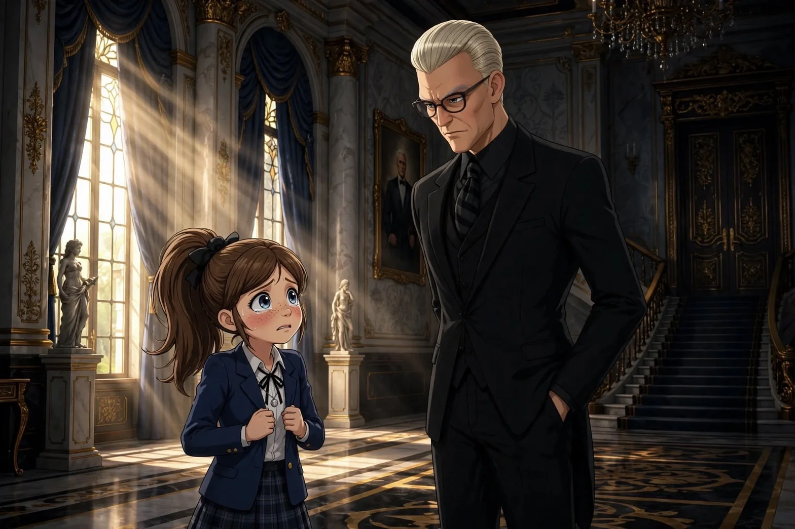 Illustrerad scen i en praktfull, klassiskt inredd herrgårdshall där en allvarlig Gabriel i svart kostym står bredvid Alice i skoluniform med höga fönster och marmorpelare.