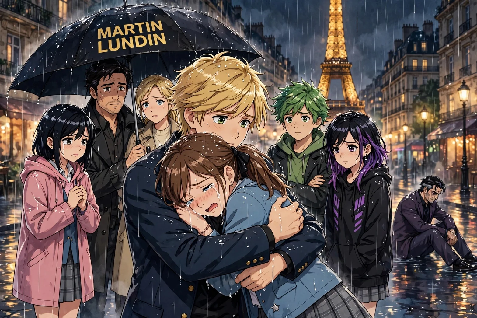 En dramatisk animeillustration av en grupp ungdomar och vuxna som samlas i regnet vid Eiffeltornet i Paris. I centrum tröstar en blond pojke en gråtande flicka, medan de andra personerna ser bekymrade ut; ett paraply med texten MARTIN LUNDIN syns ovanför gruppen.