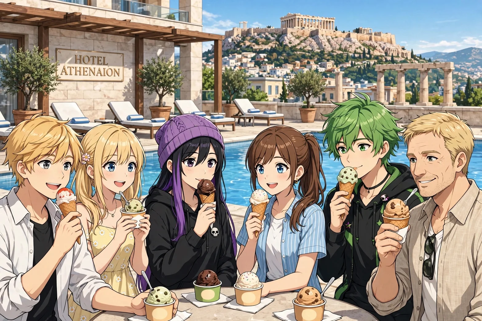 Illustrerad gruppbild av sex personer som äter glass vid en hotellpool på en takterrass, med Akropolis i Aten i bakgrunden.