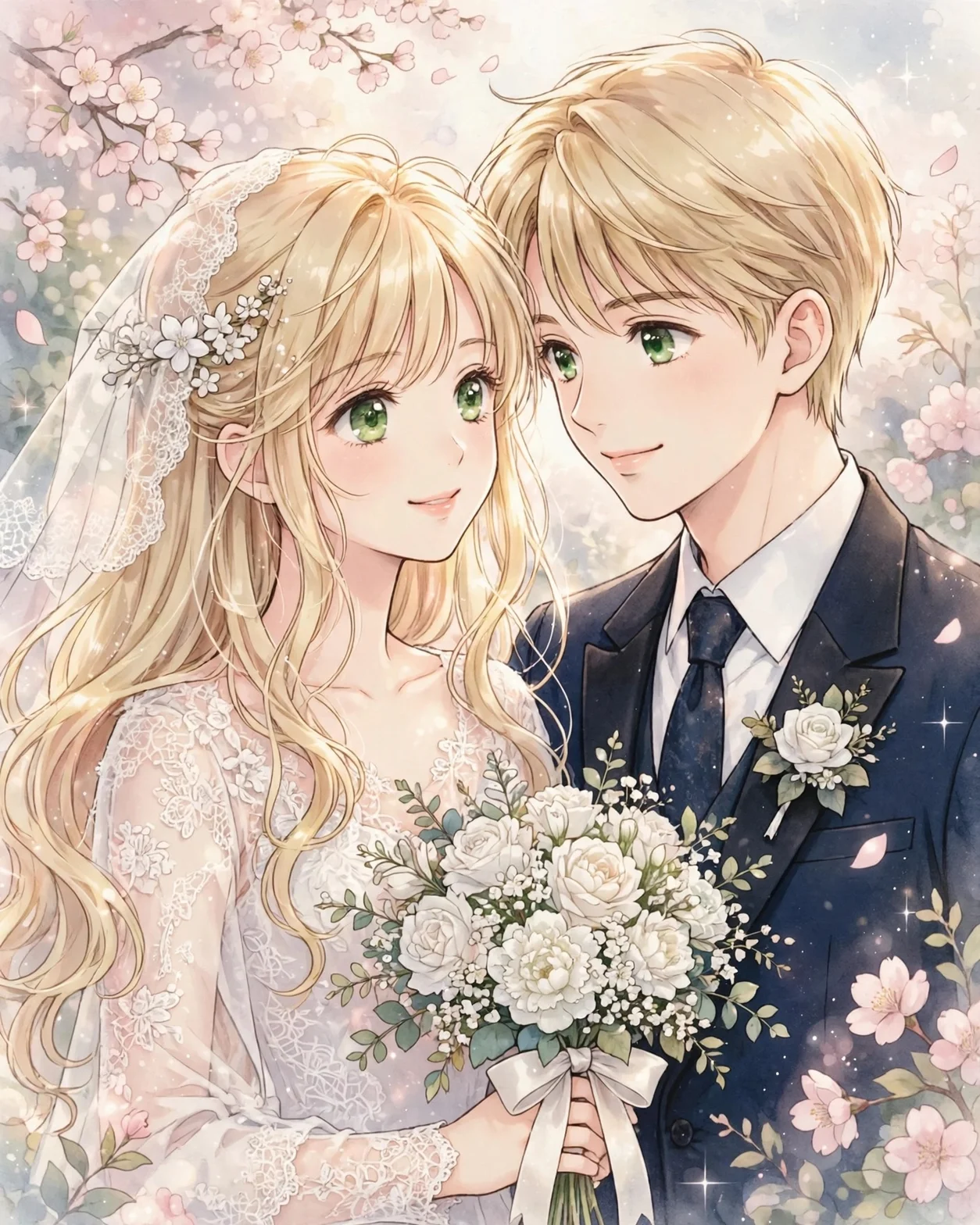 Emelie och Martin Lundin på sin bröllopsdag, omgivna av körsbärsblommor och vita rosor. Emelie bär en vit spetsklänning med slöja och brudbukett, Martin en mörk kostym med blomsterarrangemang.