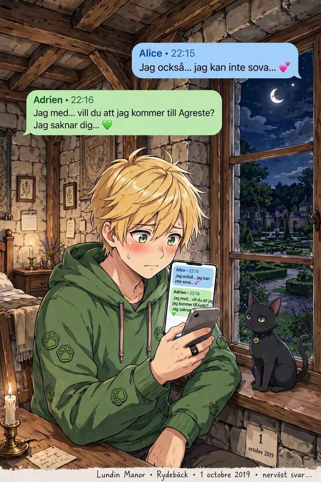 Nervöst kärleksmeddelande och romantisk dialog mellan Adrien och Alice under natten.
