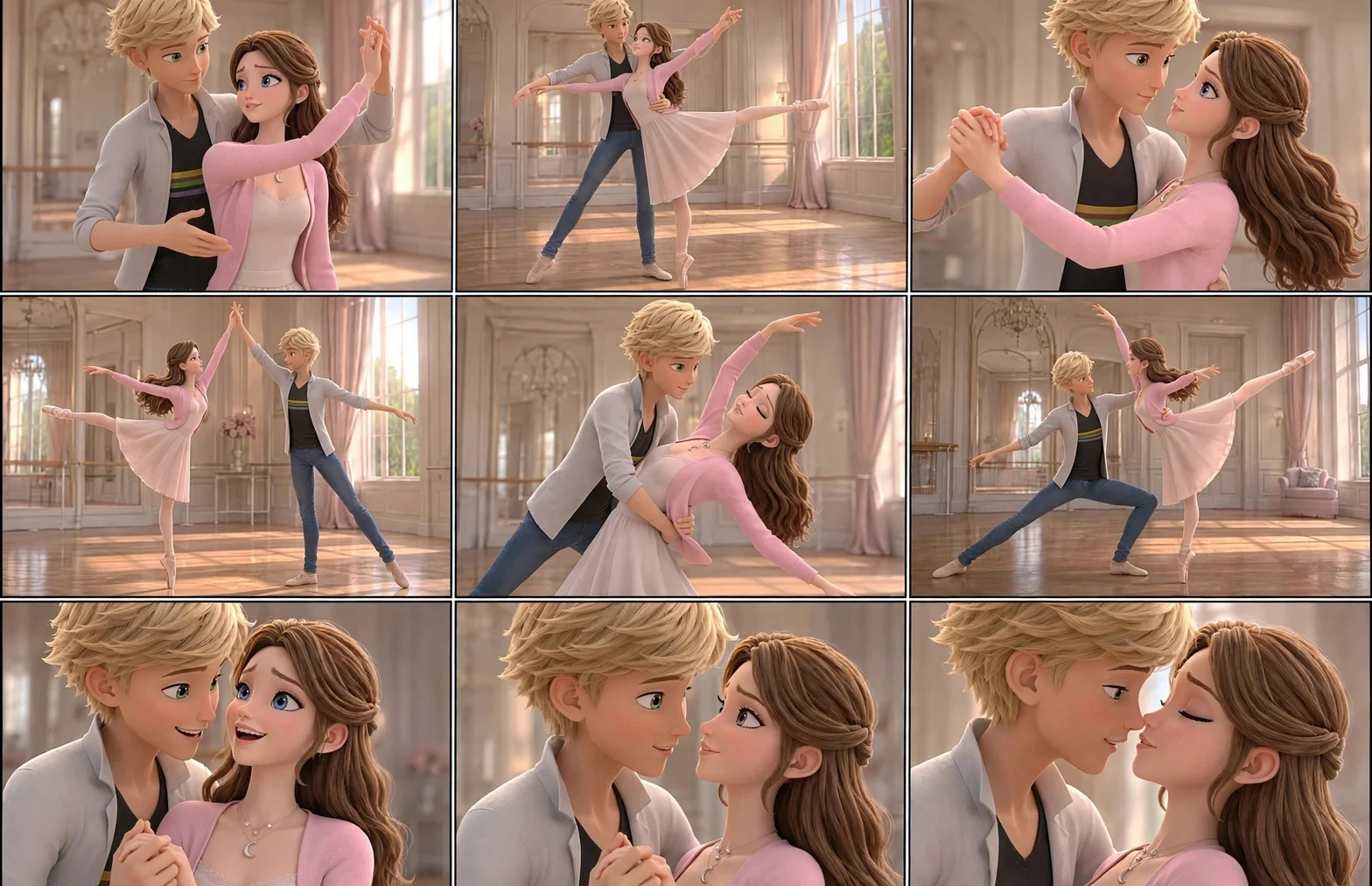 Ett romantiskt bildkollage som visar Adrien och Alice dansa ensamma i ett dansträningsrum.