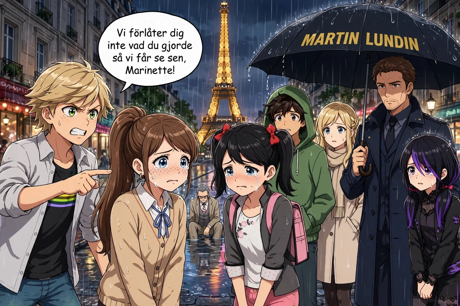 En dramatiskt illustrerad anime-scen i Paris under ett regnväder, med flera gråtande eller bekymrade personer framför Eiffeltornet. En pratbubbla och ett paraply med texten MARTIN LUNDIN ingår i bilden.
